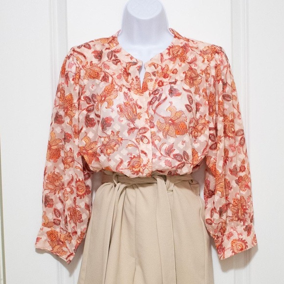 (W Medium) Ophelia Roe Paisley Button Pattern Blouse Orange Red Vintage Look - Picture 1 of 8